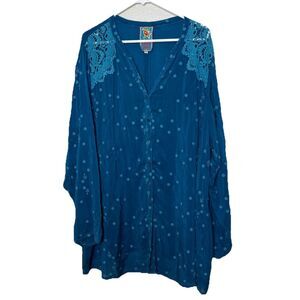 Johnny Was Tunic Top Dress Sz 2X Blue Embroidered Crinkle V neck Lagenlook Lace